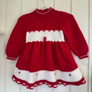 Vintage Sweater Dress baby girl Red White Knit Dress paper tag made in Portugal